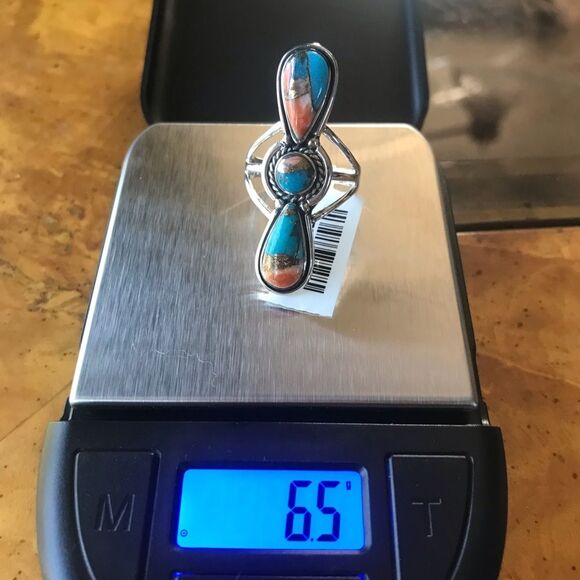 Spiny Turquoise Sterling Silver Ring Size 8 - Picture 6 of 7